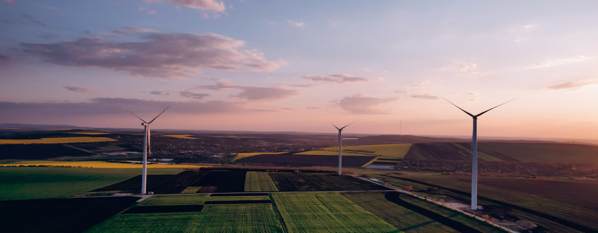A picture of a wind farm field during sunrise.