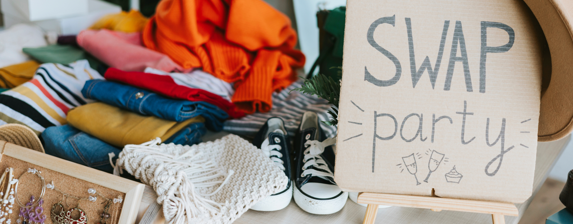 Cover image featuring a clothing swap party for a blog post about continued employee engagement in sustainability after Earth Month is over